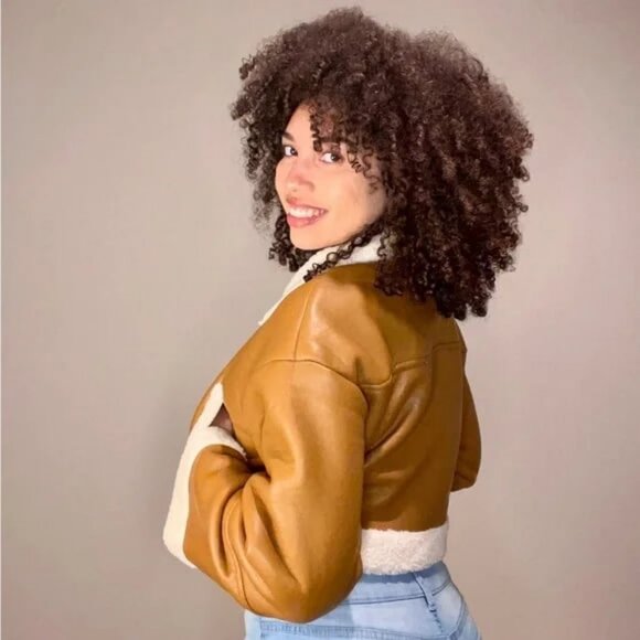 New LOVE TREE Cropped Shearling Trim Vegan Leather Jacket Camel S - Picture 2 of 7